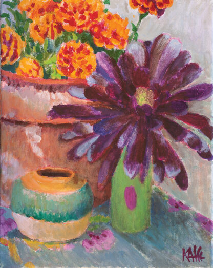 Magenta Succulent, Orange Flowers in Terra Cotta Pot by Kaffe Fassett