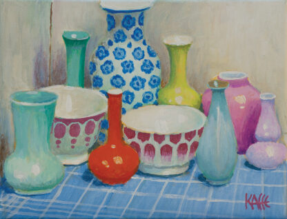 Patterned Pots on Checkered Cloth by Kaffe Fassett