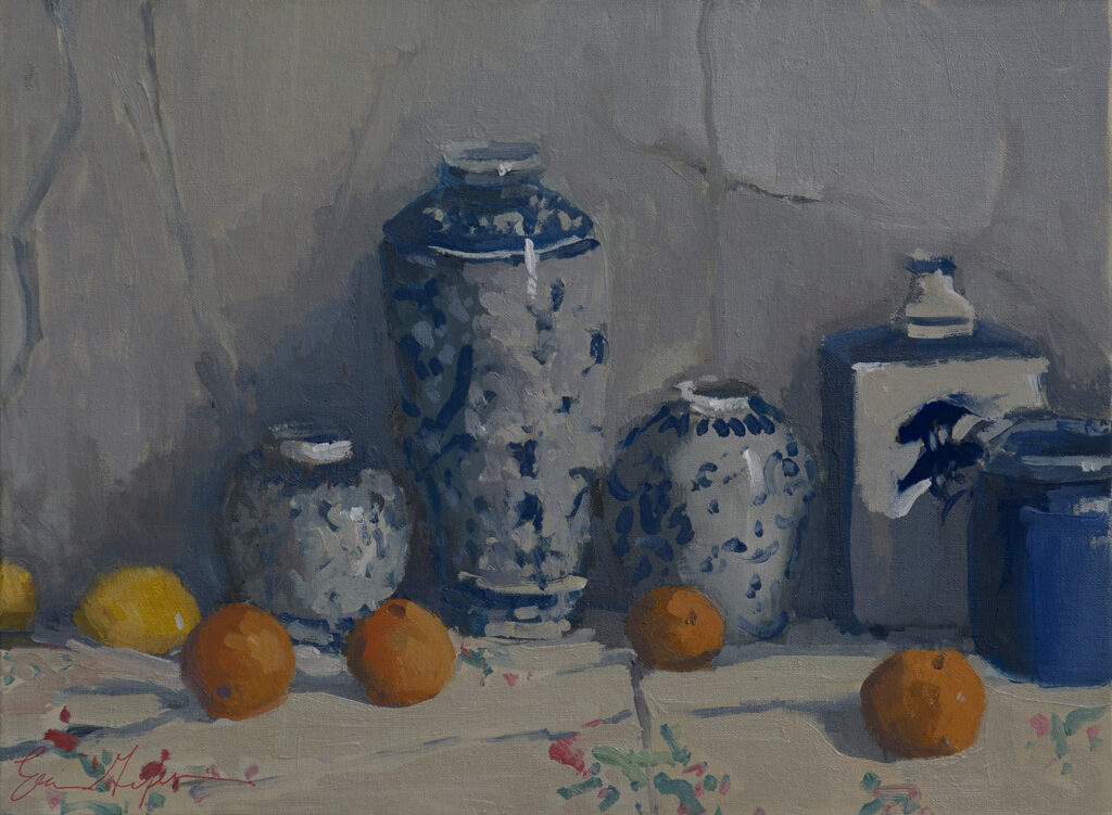 Still Life on Patterned Cloth with Blue and White Vase by Erin Lee Gafill